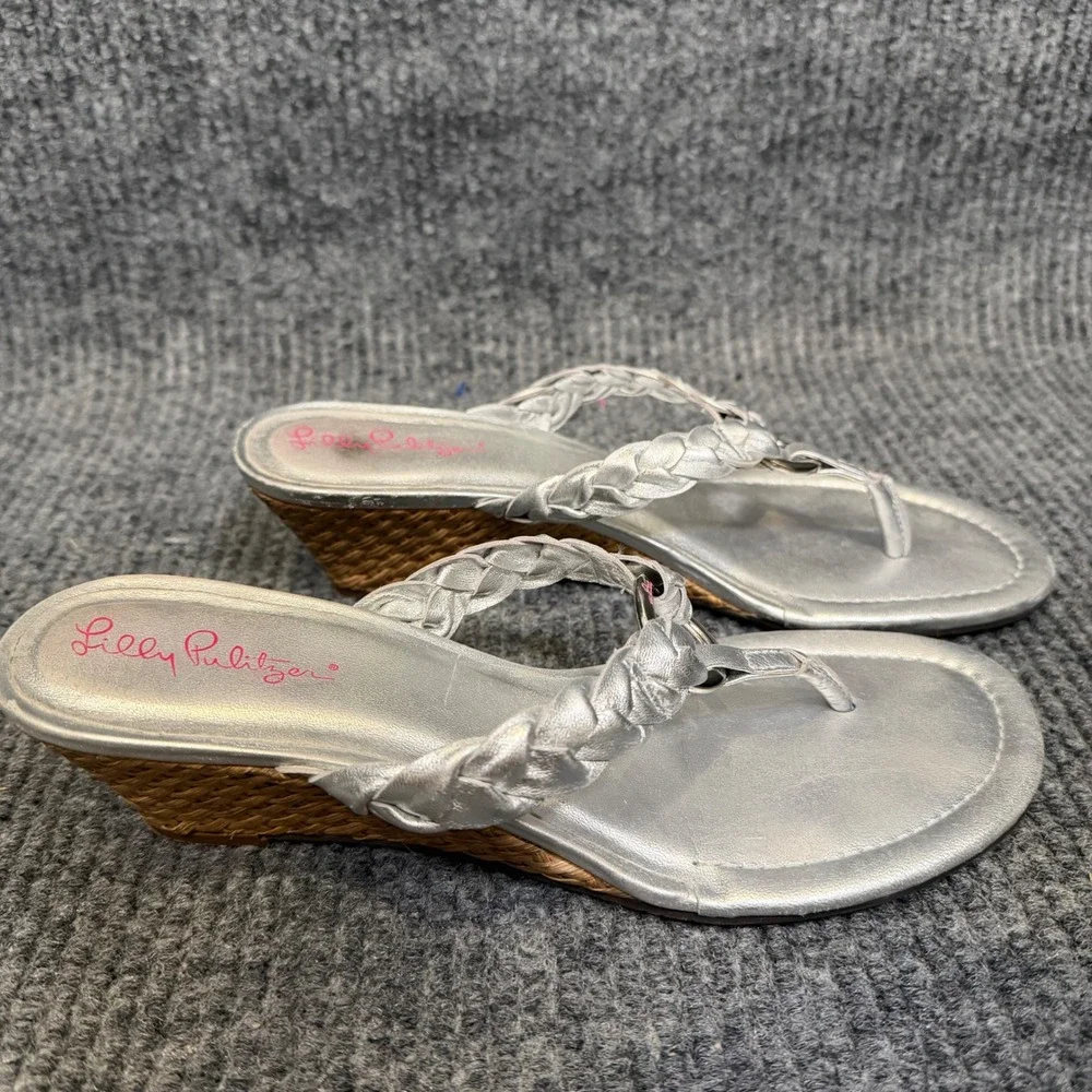 Lilly Pulitzer Wedge Sandals Womens 8.5 M Silver Braided Thong Resort Raffia